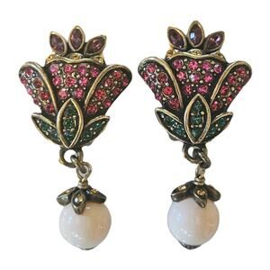 Heidi Daus Tulip Rose Deco Crystal Pearl Bronze Clip Earrings Dangle 2 Inch